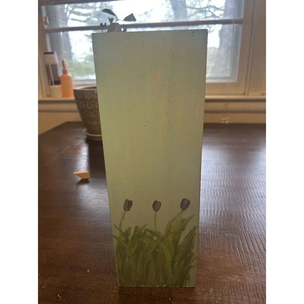 Vintage Hand Painted Wooden Jewelry Box Cabinet Sage Green Tulip Cottagecore